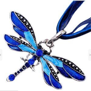 Blue Enamel Dragonfly Pendant Necklace With Ribbon Crystal Accents